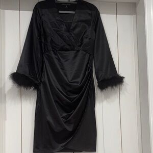 Black Satin Dress with Feather Cuffs